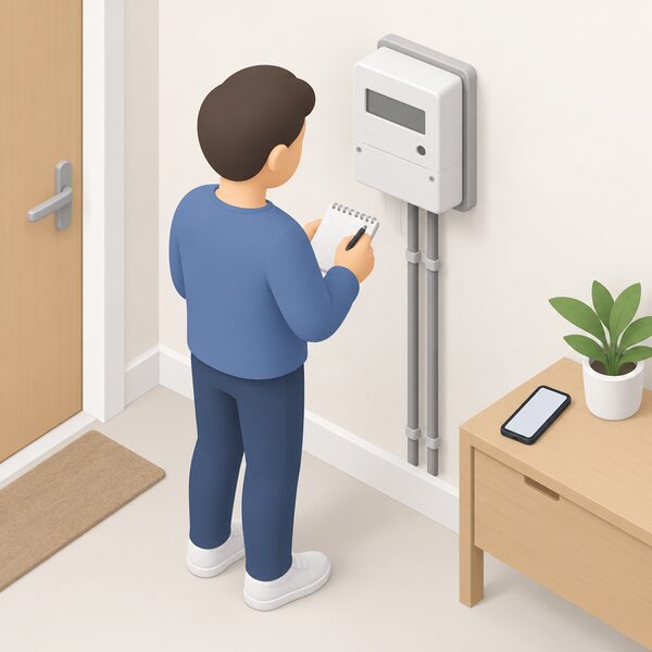 A simplified isometric figure stands at an indoor electricity meter on a wall, writing a reading on a notepad, with the meter's display shown as a blank panel and a mobile phone nearby ready to submit the reading.
