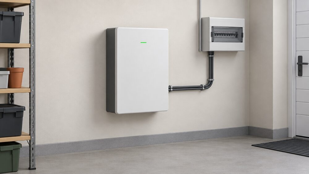 A close-up of a single domestic battery storage unit, a plain rectangular cabinet, mounted on the wall of a dry, ventilated garage or utility space, with a visible cable route running from the unit back to a consumer unit on the same wall.