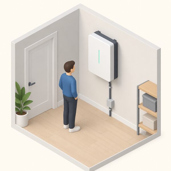 A small isometric indoor scene showing a rectangular home battery unit mounted on an interior wall, with a simplified figure standing beside it looking at the unit, and a cable running from the battery down the wall to a connection point near the floor.