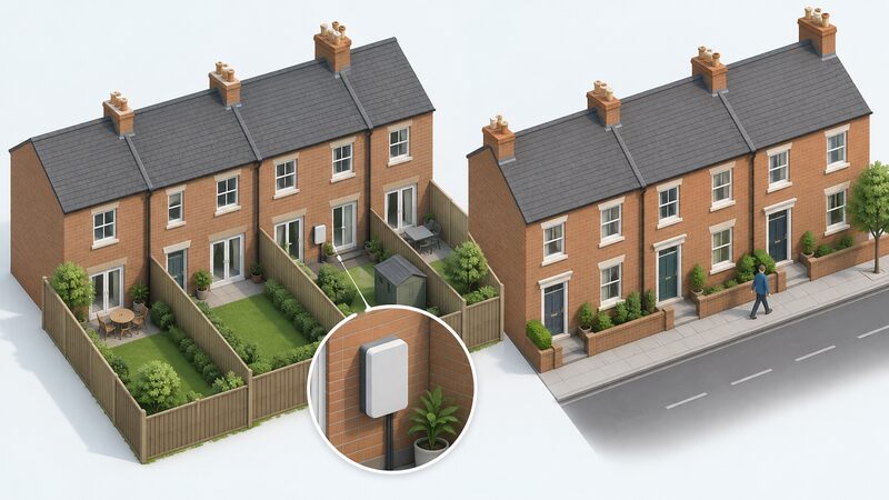 A row of narrow terraced houses seen from the rear, with a small battery unit mounted on a back external wall opening onto a rear garden, while the street-facing front wall is shown plain with no equipment fixed to it.