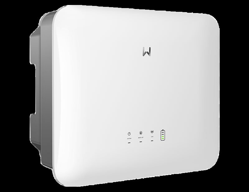 A white wall-mounted GoodWe home battery unit shown at an angle with status indicator icons