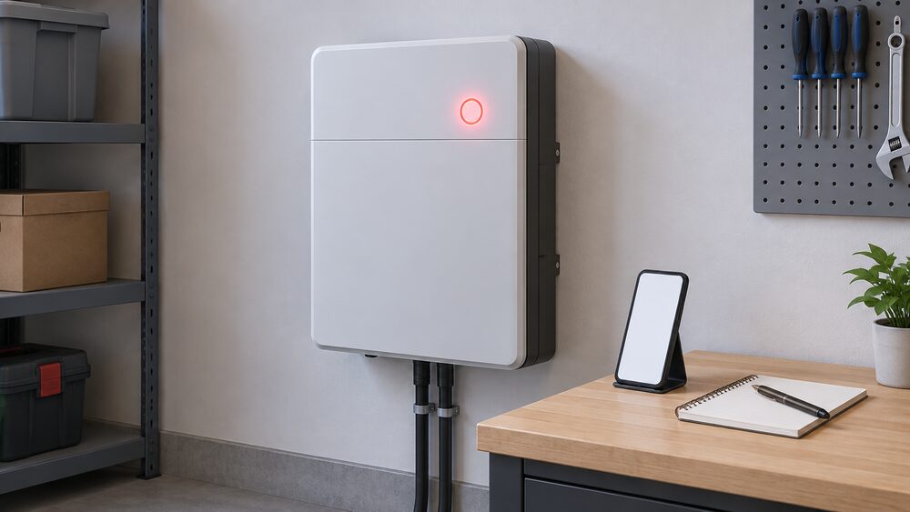 A wall-mounted home battery unit in a garage or utility space shown close up, its indicator light glowing to signal an alarm, with a smartphone showing a blank app screen propped beside it and a notepad and pen ready to record the alarm details.
