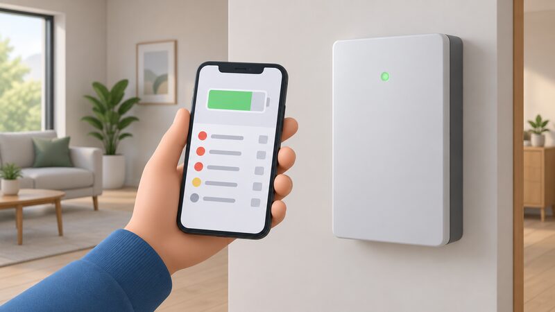 A hand holding a smartphone showing a battery app screen with an alarm log list and a state of charge bar, photographed beside the wall-mounted battery unit whose small indicator light is also visible.