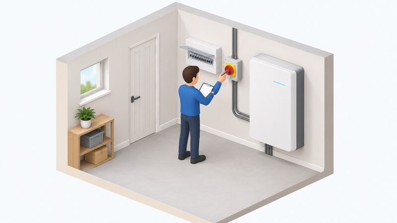 A simplified isometric engineer in plain clothing stands at a wall-mounted consumer unit beside a fixed home battery, holding a clipboard while checking the battery's isolation point, with the battery system still in place and not yet reconnected.