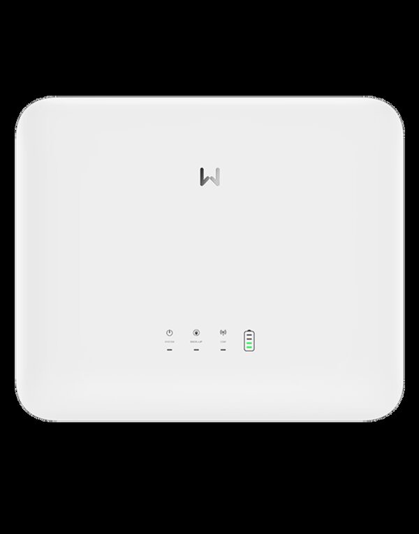 A white GoodWe wall-mounted home battery unit with status indicator lights and a battery charge display
