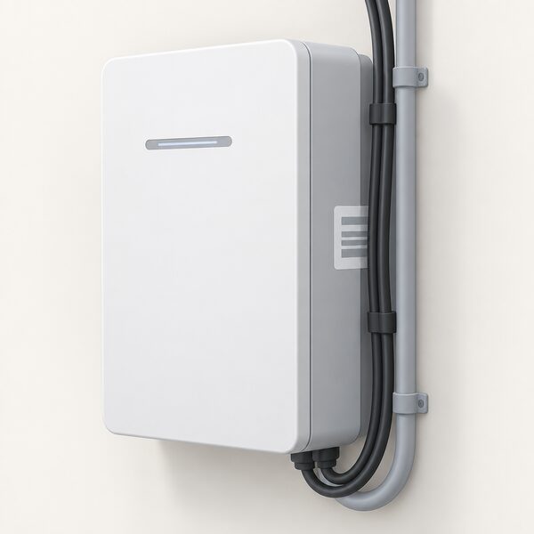 A wall-mounted home battery unit shown from the side, with a serial number label on its right-hand side partly hidden behind a bundle of cables and conduit running along that face, drawn as a plain label with blank line blocks so no readable text appears.