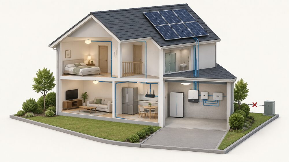 A cutaway house showing a home battery and inverter on a garage or utility room wall, connected to a backup gateway and a small sub-board that feeds selected essential circuits — a ceiling light, a fridge and a broadband router — while the grid connection outside is isolated.