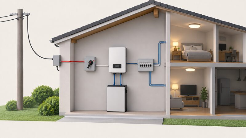 A cutaway wall view of a home showing a hybrid inverter connected to a battery and a small backup sub-board, with a changeover device between the grid supply and the inverter shown isolating the grid so only the backed-up circuits are energised.