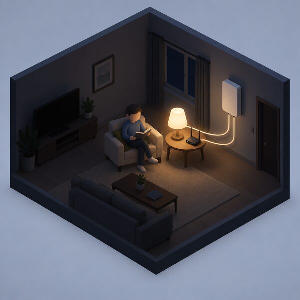 A dim living room during a planned power cut where a small isometric figure sits reading beside a lit table lamp and a glowing router, both powered from a home battery backup unit on the wall while the rest of the room stays dark.