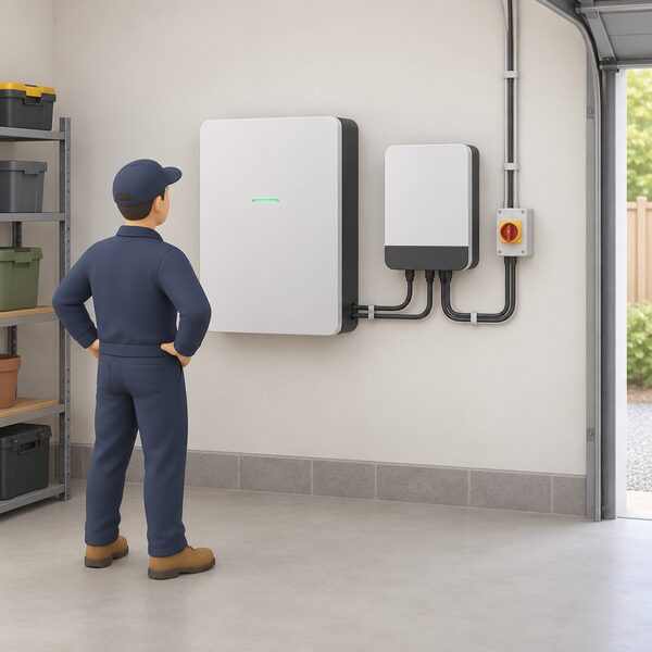 A freshly completed home battery storage installation: a wall-mounted battery unit and a small inverter beside it on a garage or utility wall, with a simplified installer figure stepping back to check the finished, tidily wired work.