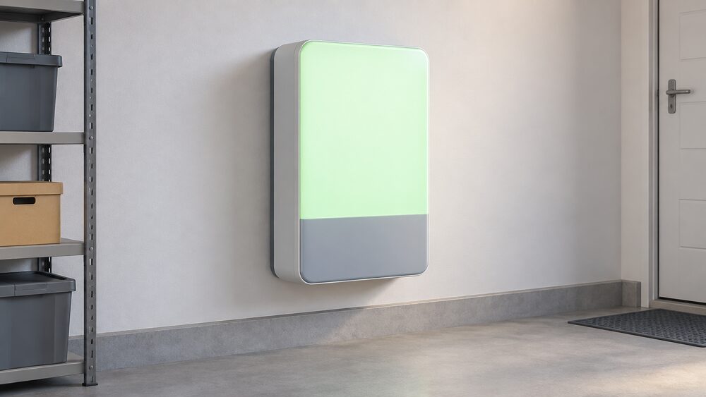 A close-up of a single wall-mounted home battery unit in a garage or utility space, its front panel divided so the lower portion is shaded to show the reserve floor the system will not discharge below, with the upper portion brightly lit to show usable capacity.