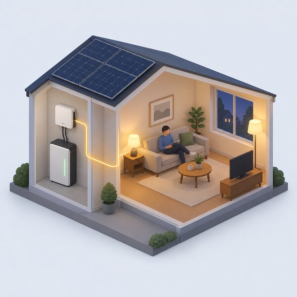 A cutaway evening scene showing a home battery on a wall or in a cupboard discharging stored solar energy through a cable to a living room where an isometric figure relaxes beside lamps that are switched on during the evening peak.