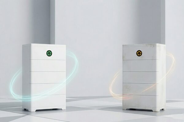 Two white home battery storage units side by side, one clean with a green indicator light and one aged and dirty with an amber light, illustrating battery ageing