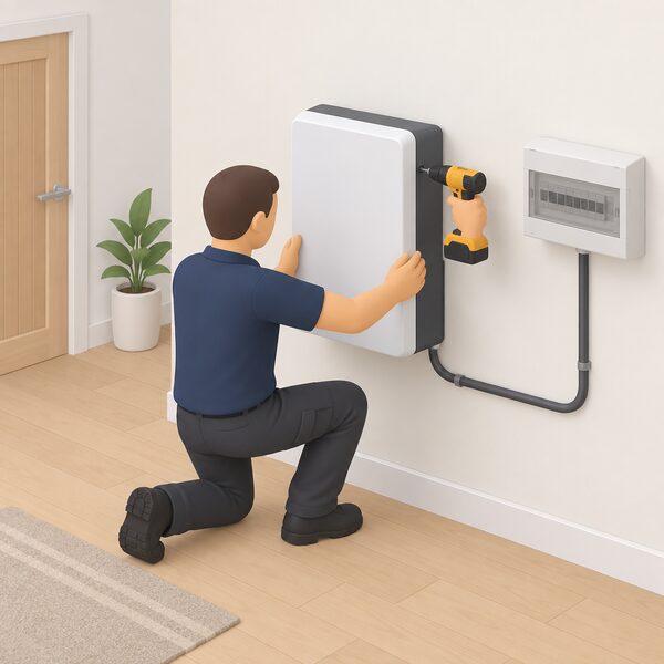An MCS certified installer in plain work clothing kneels indoors beside a wall-mounted domestic battery unit, securing it to the wall with a drill, with a cable running from the battery to a nearby consumer unit on the same indoor wall.