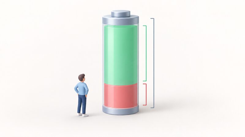 A diagram of a single vertical capacity bar representing a home battery, with the full height labelled as nominal capacity and the lower portion shaded to show the unusable reserve floor and depth of discharge limit, leaving the upper portion as usable capacity.