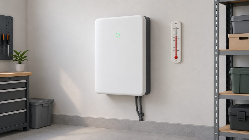 A close-up of a single wall-mounted home battery unit in a garage or utility space, shown whole with its casing intact, with a simple wall thermometer nearby to suggest the temperature factor that affects its lifespan.