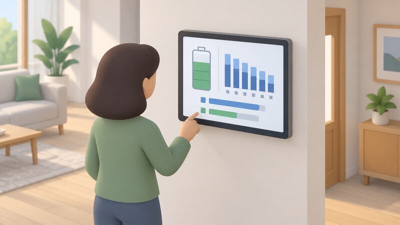 A wall-mounted household energy monitor screen in a home interior, held by a simplified householder, showing a battery state-of-charge indicator and a plain bar history of daily cycles, with the usable capacity band visibly shorter than an older reference band.