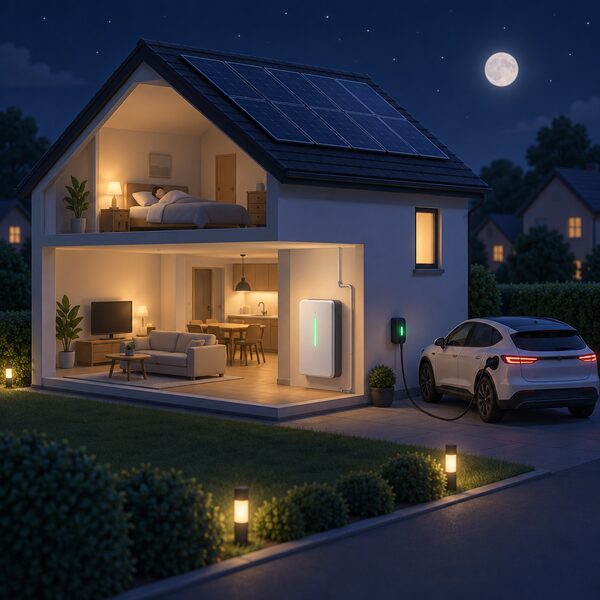 A cutaway night-time view of a home with a wall-mounted battery indoors charging alongside an electric car plugged in on the driveway outside, both drawing power under a dark sky to show the hard-worked overnight off-peak charging pattern.