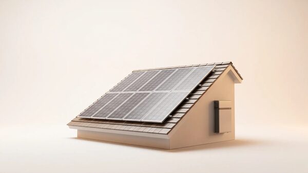 A 3D render of a house roof section with solar panels on the tiles and a battery unit mounted on the wall