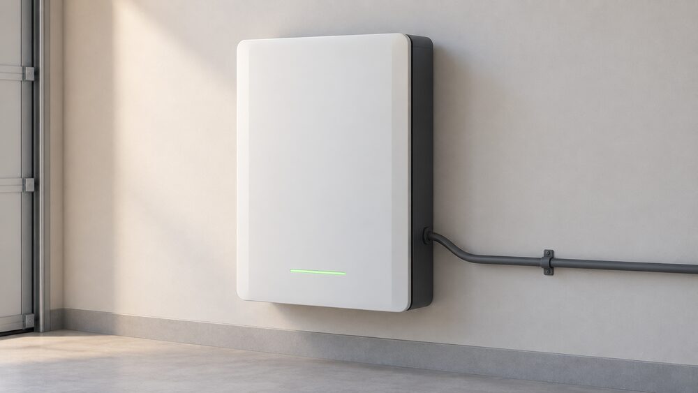 A close-up of a wall-mounted home battery unit in a garage or utility space, shown whole with its casing intact, connected by a cable running to the side, with no other equipment in view.