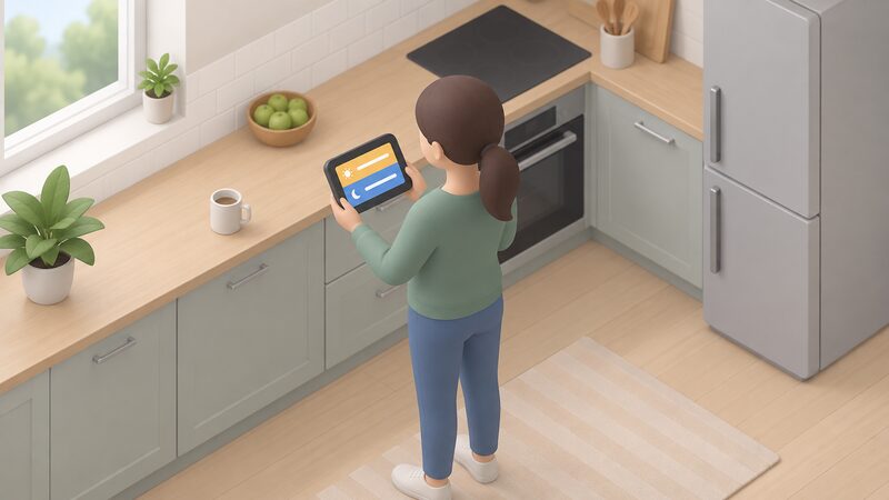 A small isometric figure stands at a kitchen worktop holding a smart meter in-home display whose screen shows two plain colour bands, one for day usage and one for night usage, with blank lines instead of readable figures.