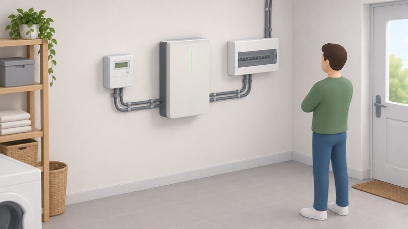 A simplified isometric utility room scene showing a wall-mounted home battery on the wall, with the electricity meter and consumer unit mounted nearby, connected by visible conduit and cabling running from the meter through the battery to the household circuits.