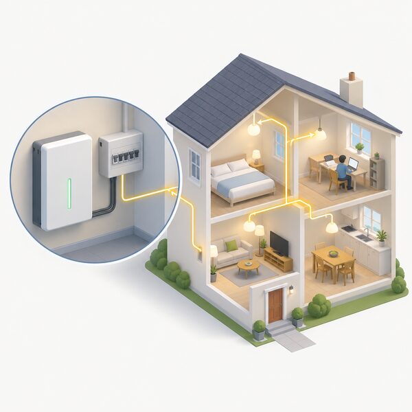 A wall-mounted home battery unit indoors in a utility room, connected by cable to the household consumer unit, shown with a simplified isometric figure of the house beside it so the stored overnight charge is seen flowing to daytime rooms.