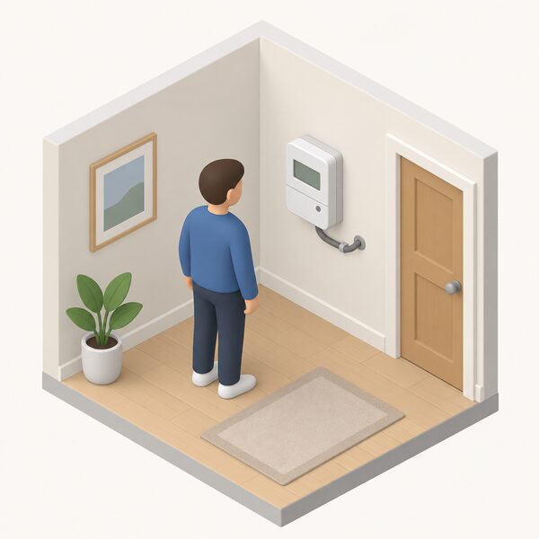 A small isometric figure of a person standing indoors beside a smart meter mounted on an inside wall of a house, shown as a neat wall-mounted unit with a simple display screen, with a plain cable running from the meter into the wall, no readable text or numbers on the display.