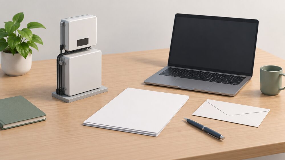 A small model of a wall-mounted home battery inverter unit stands on a desk beside blank application paperwork, a sealed envelope, a blank-screen laptop and a pen, arranged as the moment before a grid connection application is submitted.