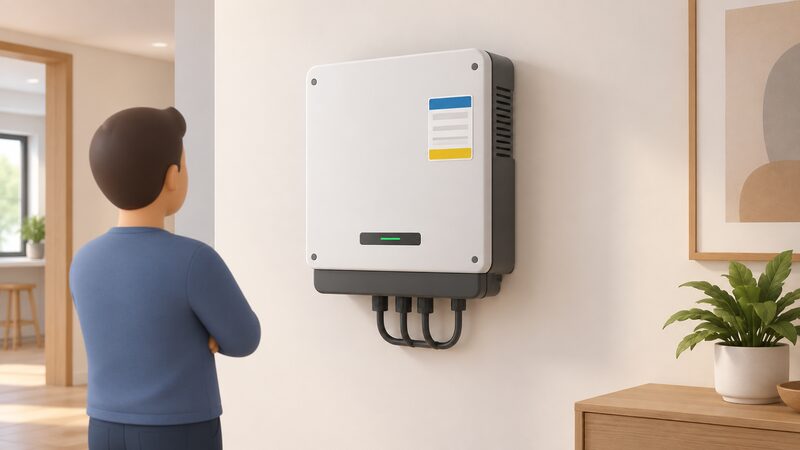 A wall-mounted home battery inverter on an interior wall with a plain compliance label fixed to its casing, shown close enough that the label reads as a blank rectangular sticker with colour bands and blank lines rather than any readable text.