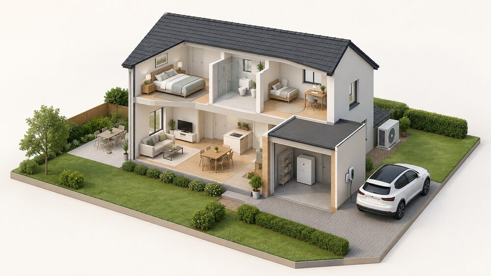 A cutaway house with a home battery in the garage, an air source heat pump fan unit standing outside on the ground at the rear wall, and an EV charge point on the outside wall beside the driveway with a car parked at it.