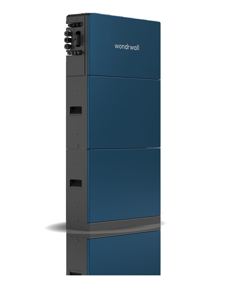 A Wondrwall home battery storage unit, a tall blue modular wall-mounted battery with connection ports on the side