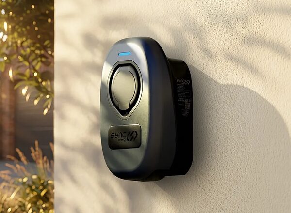 A Sync Energy wall-mounted EV charge point installed on an exterior house wall