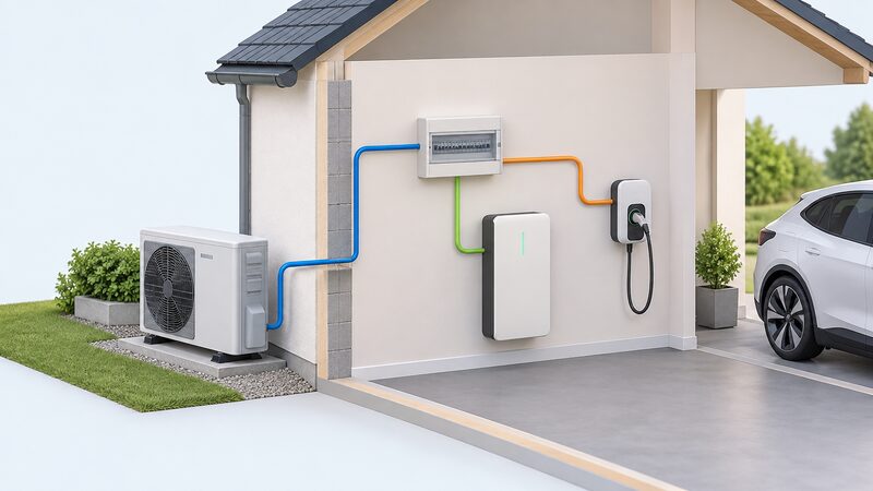 A cutaway house wall showing a consumer unit on an inside wall with labelled-free connection lines running to an outdoor air-to-water heat pump, a wall-mounted home battery and an EV charge point, all fed from the single unit.