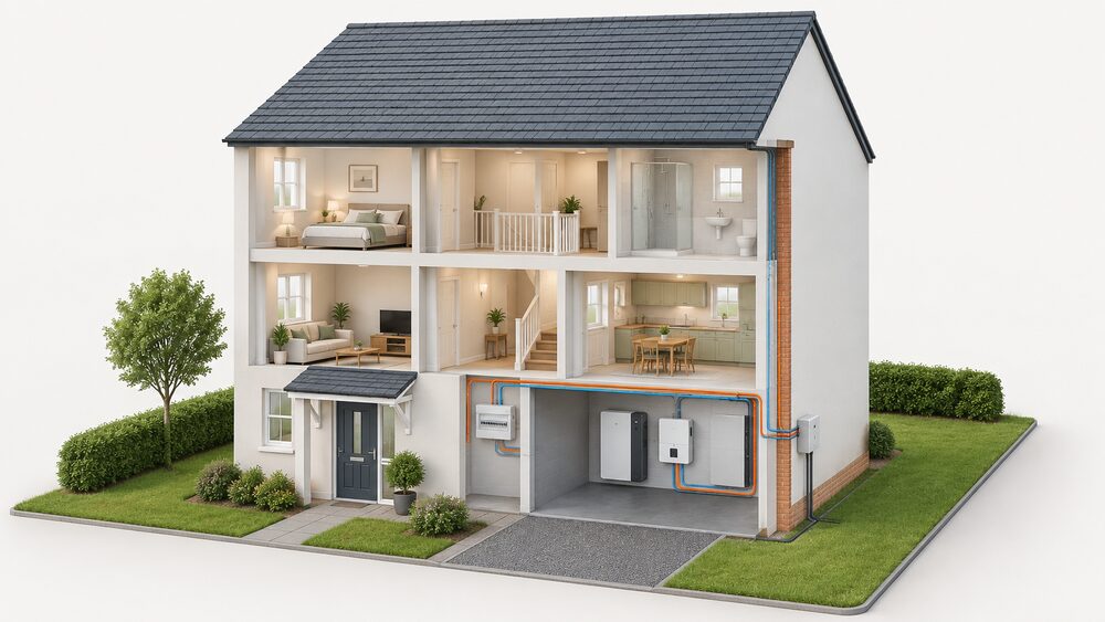 A cutaway house showing a wall-mounted home battery unit in the garage, with a cable route running from the battery to the consumer unit and to the incoming supply cut-out where the electricity enters the property.