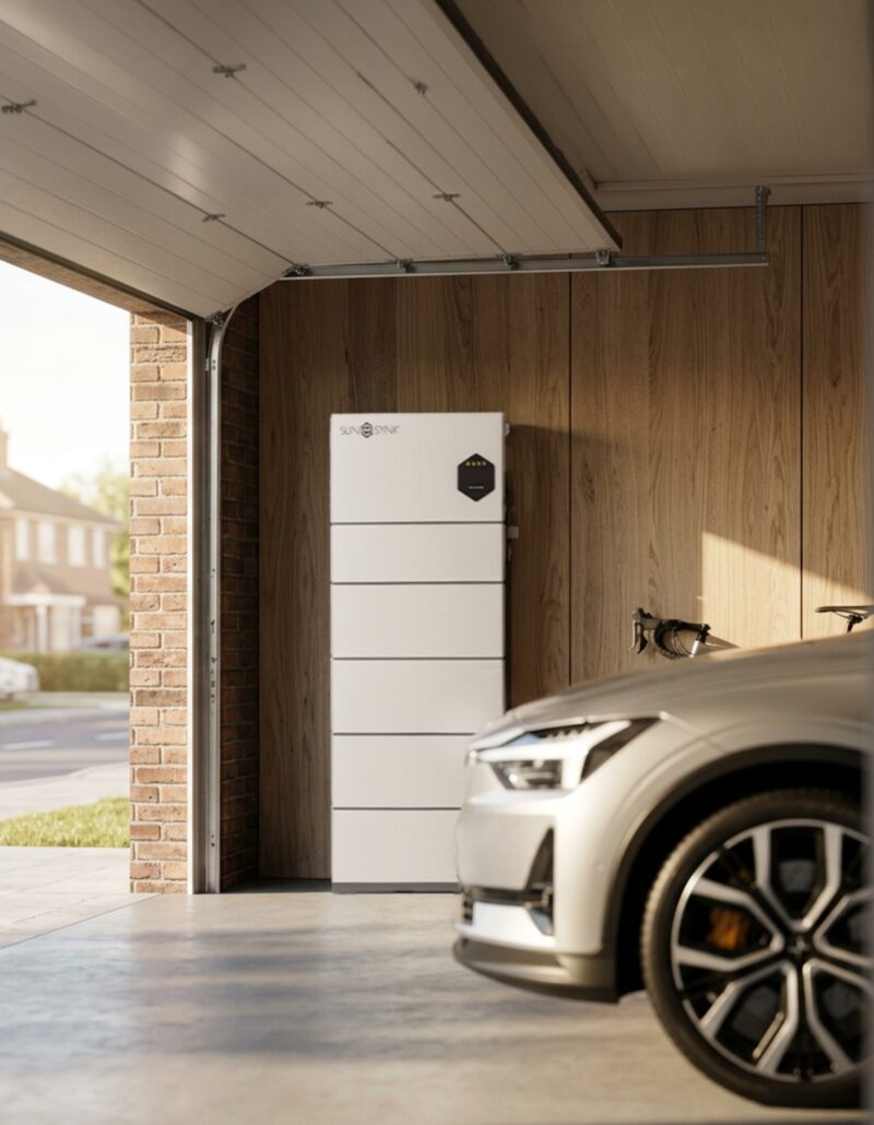 A Sunsynk home battery storage unit mounted on the wall of a garage next to a parked electric car