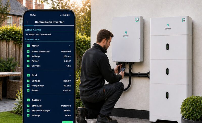 A technician kneeling outside a house commissioning an Eleven sodium-ion battery and inverter installation, with a phone app screen overlaid showing inverter commissioning details