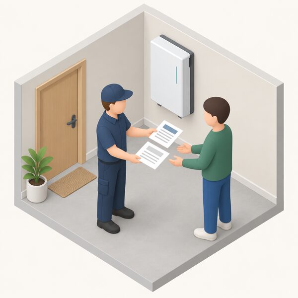 A home battery installer, standing beside the wall-mounted battery unit indoors, hands a paper commissioning certificate and a warranty registration confirmation to a householder at the end of the installation job.