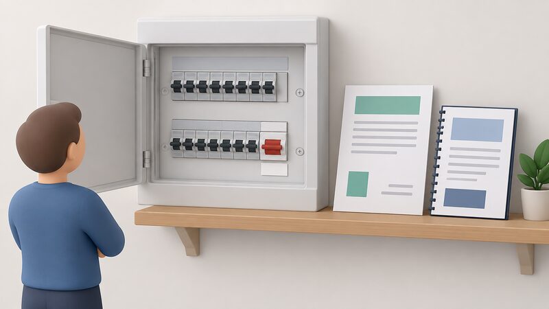 A home consumer unit with its door open showing a dedicated battery circuit breaker marked by a plain blank label, and beside it on a shelf an electrical installation certificate and handover pack lying as physical documents with blank lines and plain blocks instead of readable content.