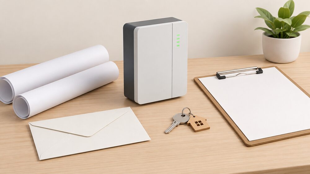 A small model of a wall-mounted home battery unit stands on a desk beside blank rolled documents, a clipboard, a sealed envelope and a house key, suggesting the paperwork that governs a compliant battery installation.