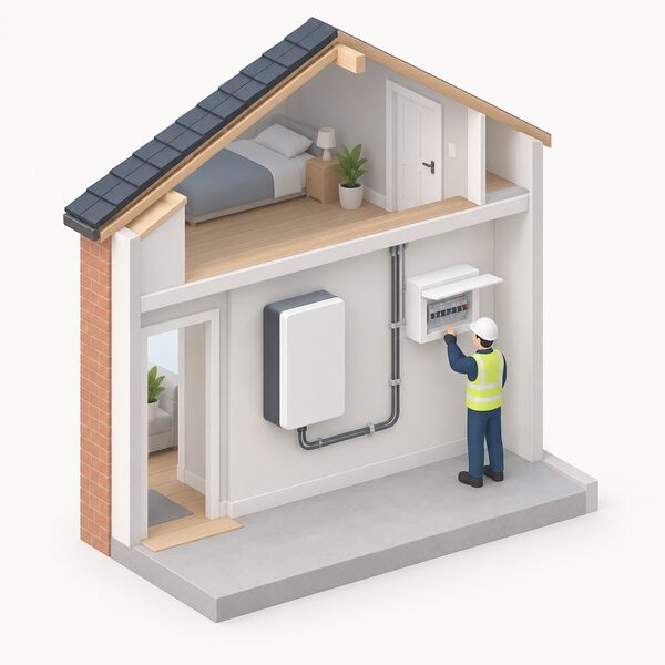 A cutaway view of a home's fixed wiring showing a wall-mounted battery unit connected by a cable run to the consumer unit, with a small isometric electrician figure inspecting the connection.