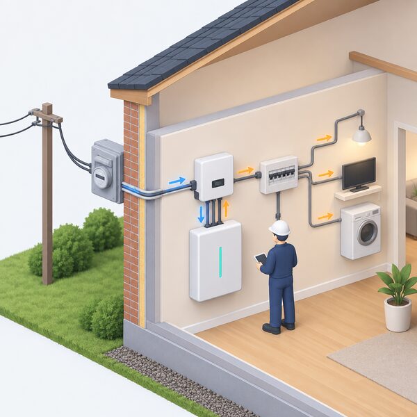 A cutaway view of a house wall showing a wall-mounted home battery indoors connected by cabling through the wall to the incoming grid supply, with a small isometric installer figure beside it, and simple flow arrows showing electricity entering the battery for storage and flowing back out to the household's circuits.