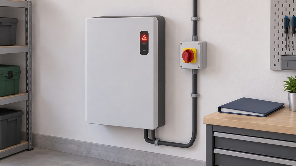 A close-up of a closed wall-mounted home battery unit in a garage or utility room, its alarm indicator light glowing, with an isolation switch beside it and a closed inspection report folder resting nearby, all covers left exactly as installed.
