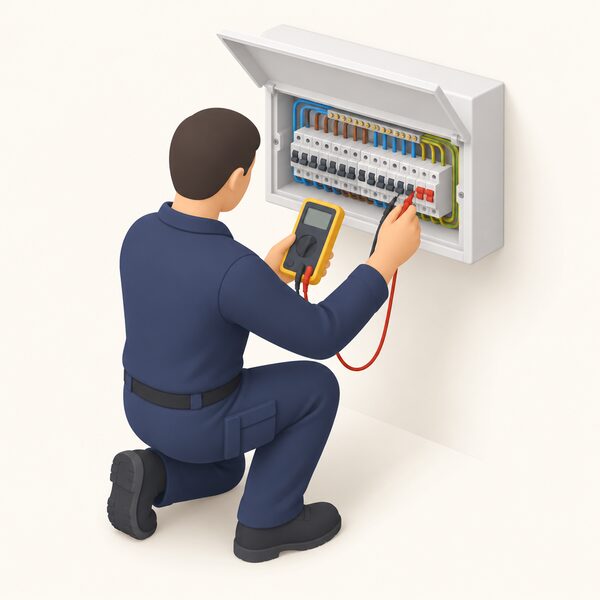 An electrician in plain work clothing kneels beside a consumer unit with its cover open, using a handheld test instrument with leads connected to the circuits, checking the fixed wiring of the home installation.