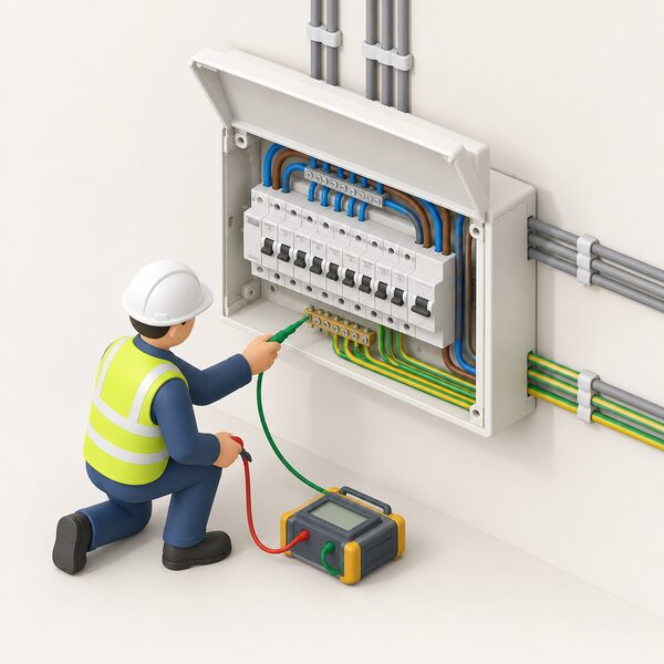 An open consumer unit on a wall with rows of circuit breakers, an earth terminal block and green-and-yellow bonding conductors, with the fixed wiring cables running out to circuits, while a small isometric inspector figure tests the wiring with a lead connected to the earth terminal.