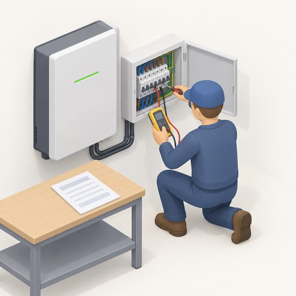 An electrician in plain work clothing kneels beside a wall-mounted home battery and its adjacent consumer unit, using a screwdriver and tester on the exposed electrical circuits serving the battery, with a folded inspection report sheet resting on a nearby workbench.