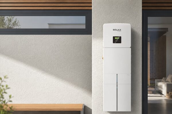 A white SolaX home battery storage unit with inverter mounted on an exterior house wall