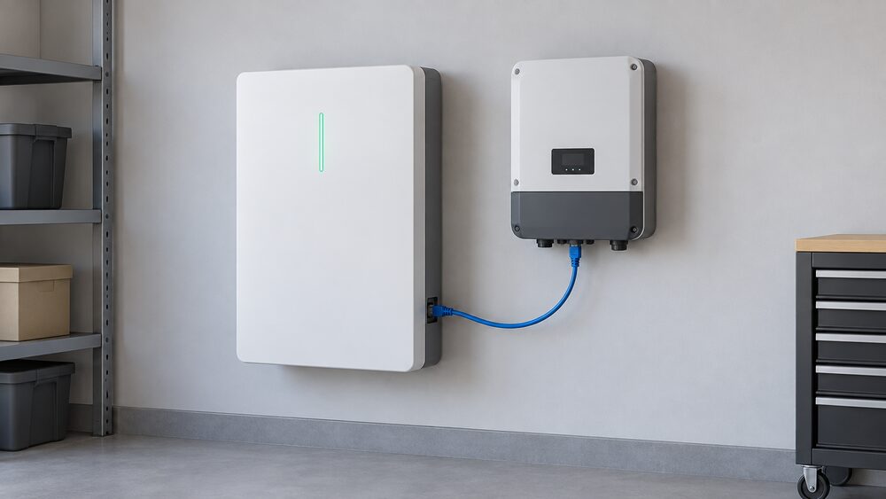 A close-up of a wall-mounted home battery unit in a garage or utility space, with a single network cable running from the battery to a nearby wall-mounted inverter, the cable plainly the link between the two.