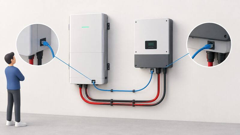 A wall-mounted home battery and a hybrid inverter mounted nearby, joined by a thin communications cable running to a data port on each unit, drawn clearly separate from the thicker DC power cables that also connect the two.