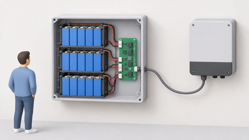 A cutaway view of a wall-mounted home battery enclosure showing several cell groups wired to a BMS circuit board, which in turn connects by a single communications cable out of the enclosure to a nearby inverter.